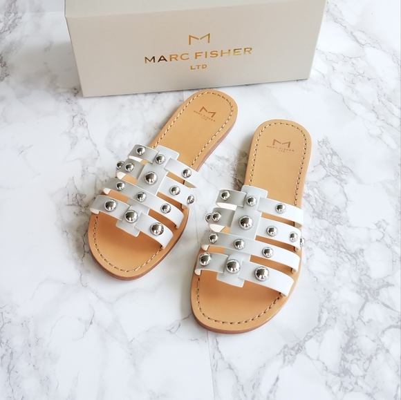Marc Fisher White Leather Pava Slide Sandals Size 8M - Picture 2 of 16